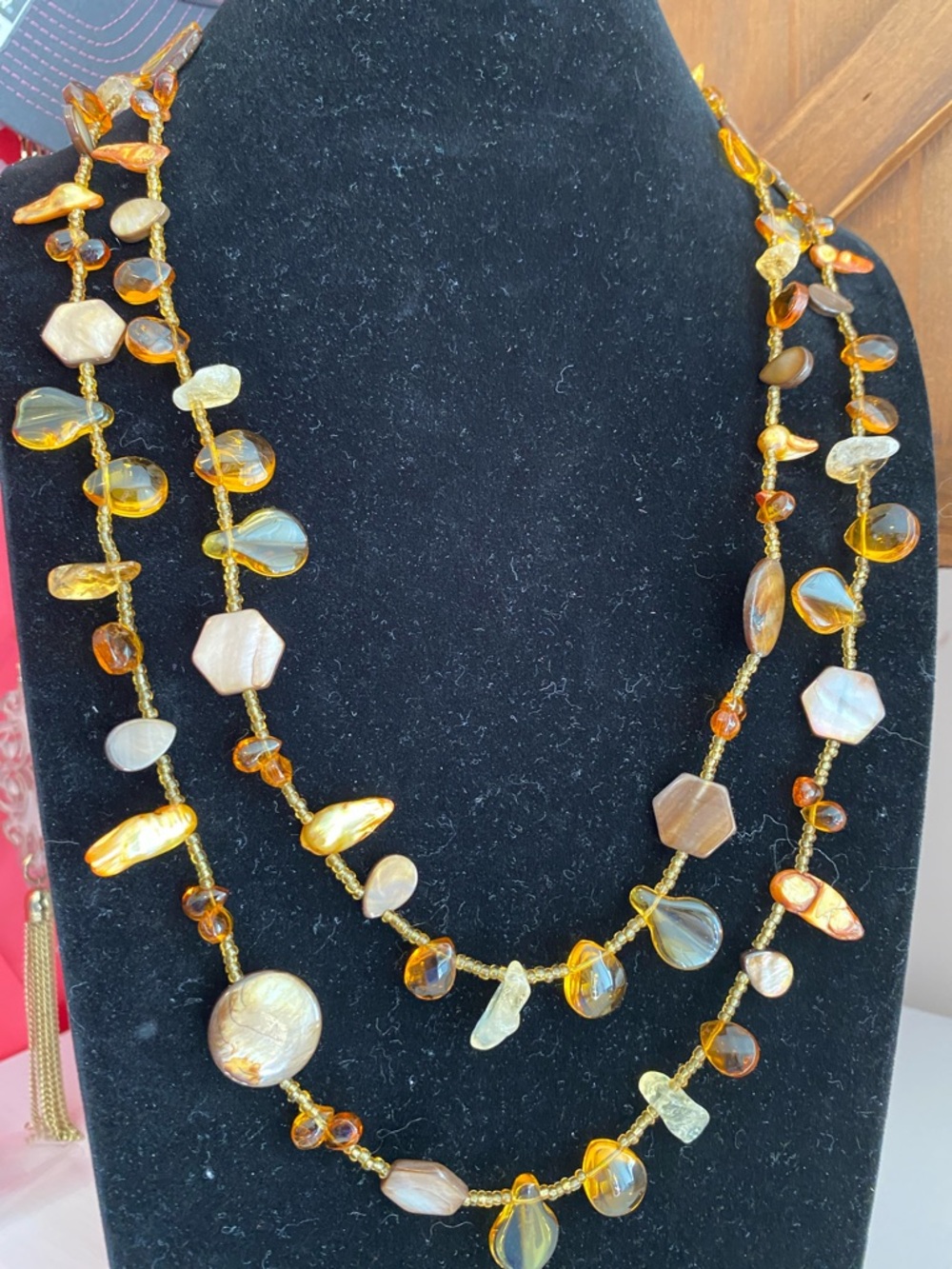Gold and Amber Multi-Strand Beaded Necklace